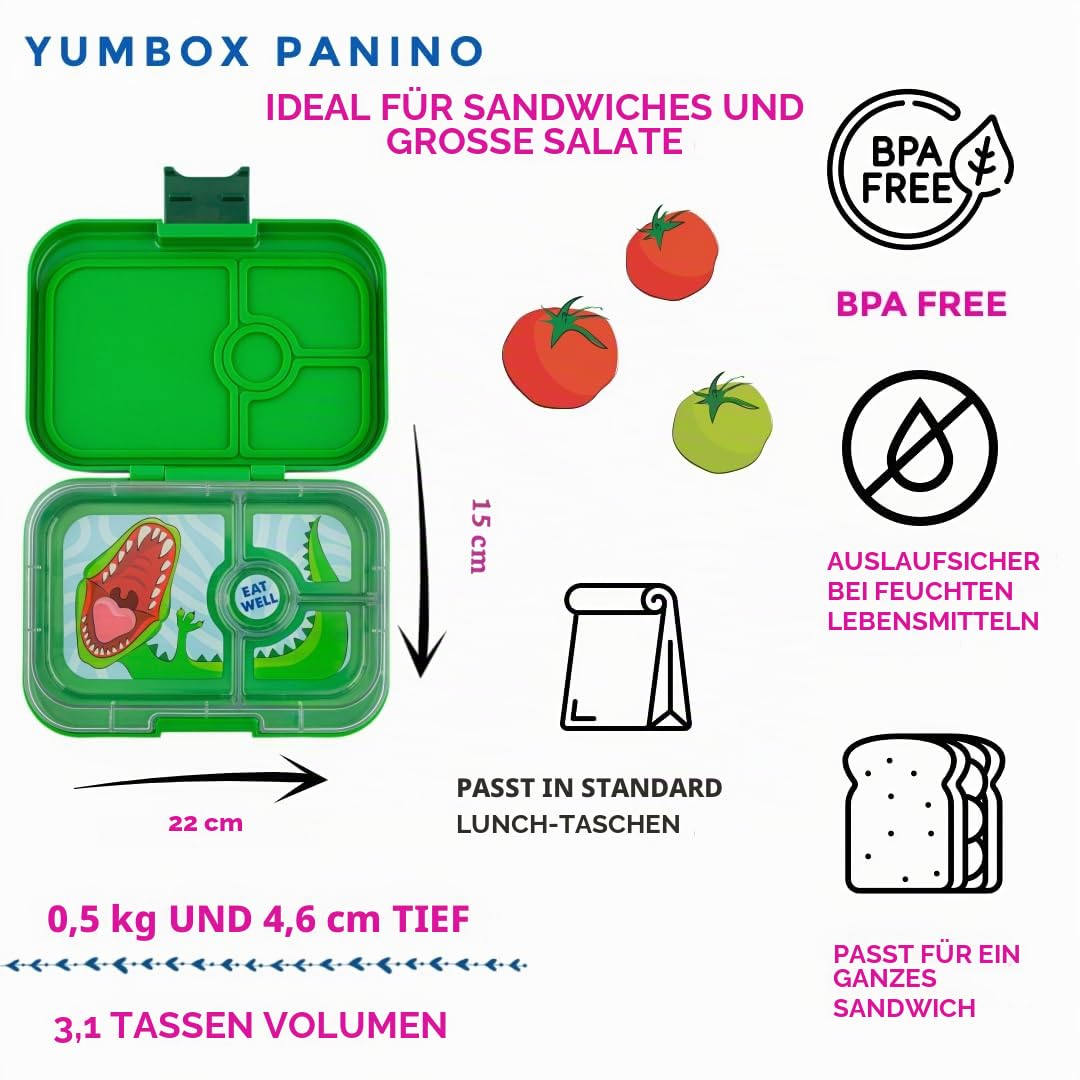 yumbox Panino auslaufsichere Sandwich-freundliche Bento-Lunchbox für Kinder (Jurassic Green (Dino-Tablett)