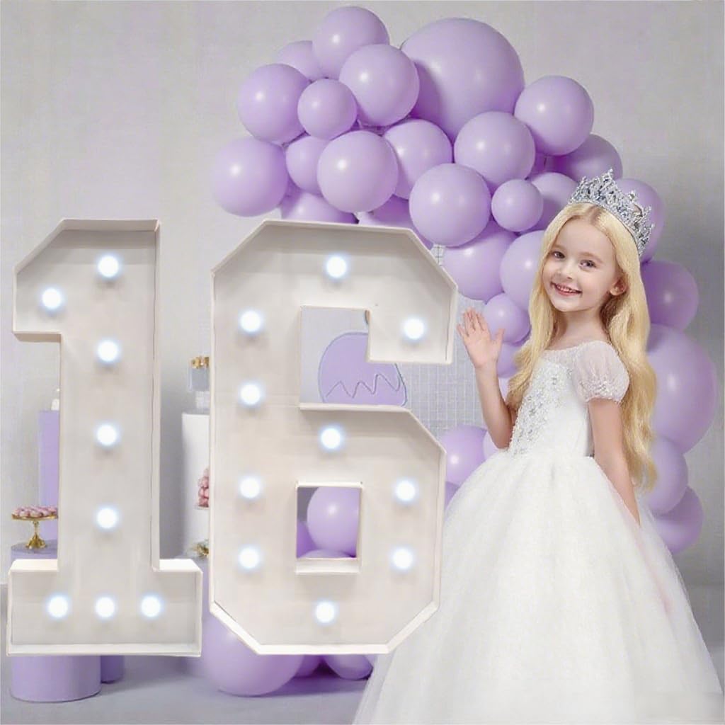 2Pcs/Set 73cm/28.74 inch Light Up Digital Marquee Frame with White Lights KT Board Set Party Decorative Light Birthday Party Anniversary Decoration With Cool White Lights Background Decor- Number 16
