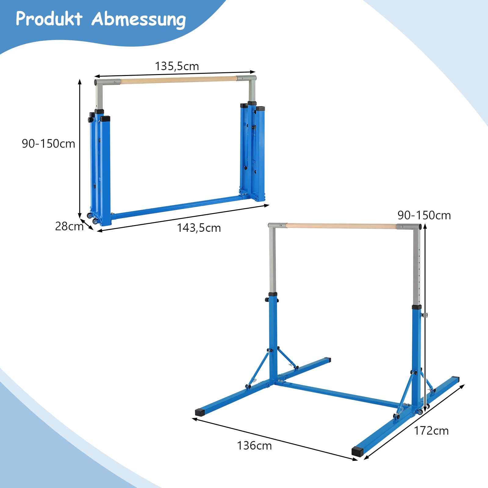 COSTWAY Gymnastik Turnreck klappbar, Turnreck 90-150cm höhenverstellbar, Reckstange mit Rollen, tragbarer Turnstangen bis 100kg belastbar, Reckanlage, Trainingsgeräte