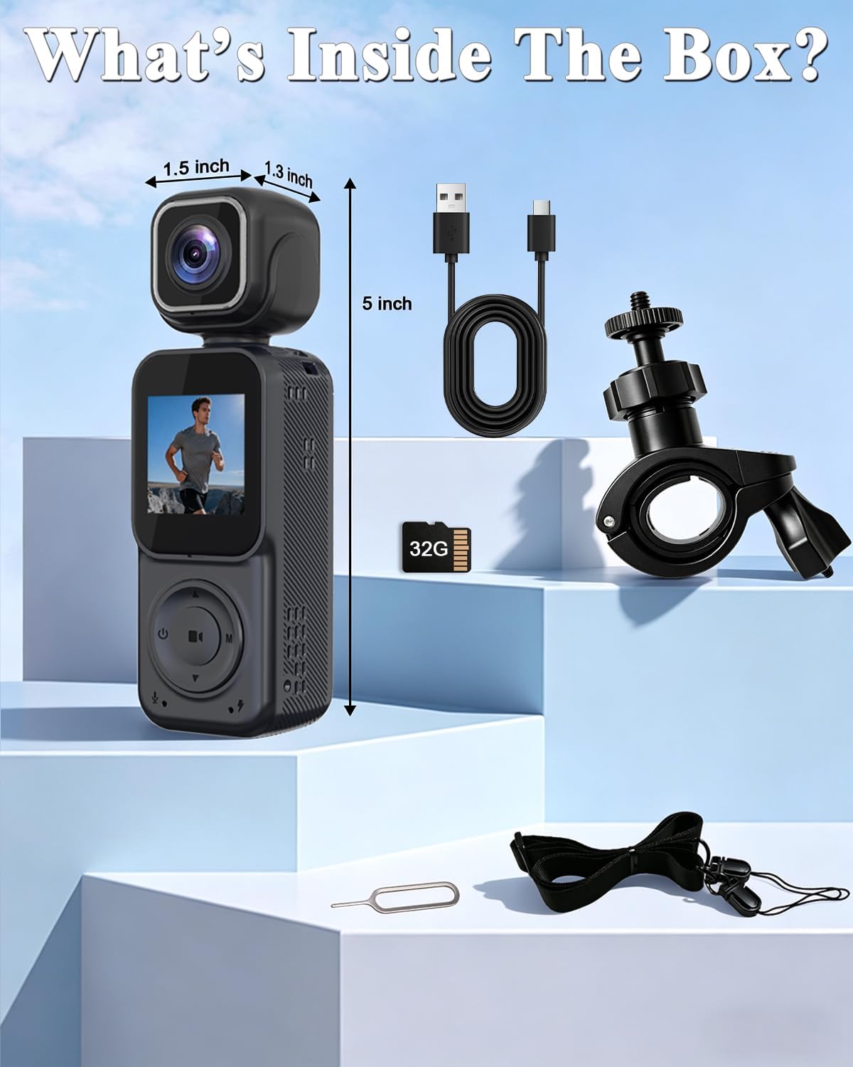 4K Vlogging Camera Pocket Action Cameras with Dual-Lens Mini Body Cam with Audio & Video Recording POV Handheld Camera wtih 32GB Card for Travel, Blogging, Daily Recording