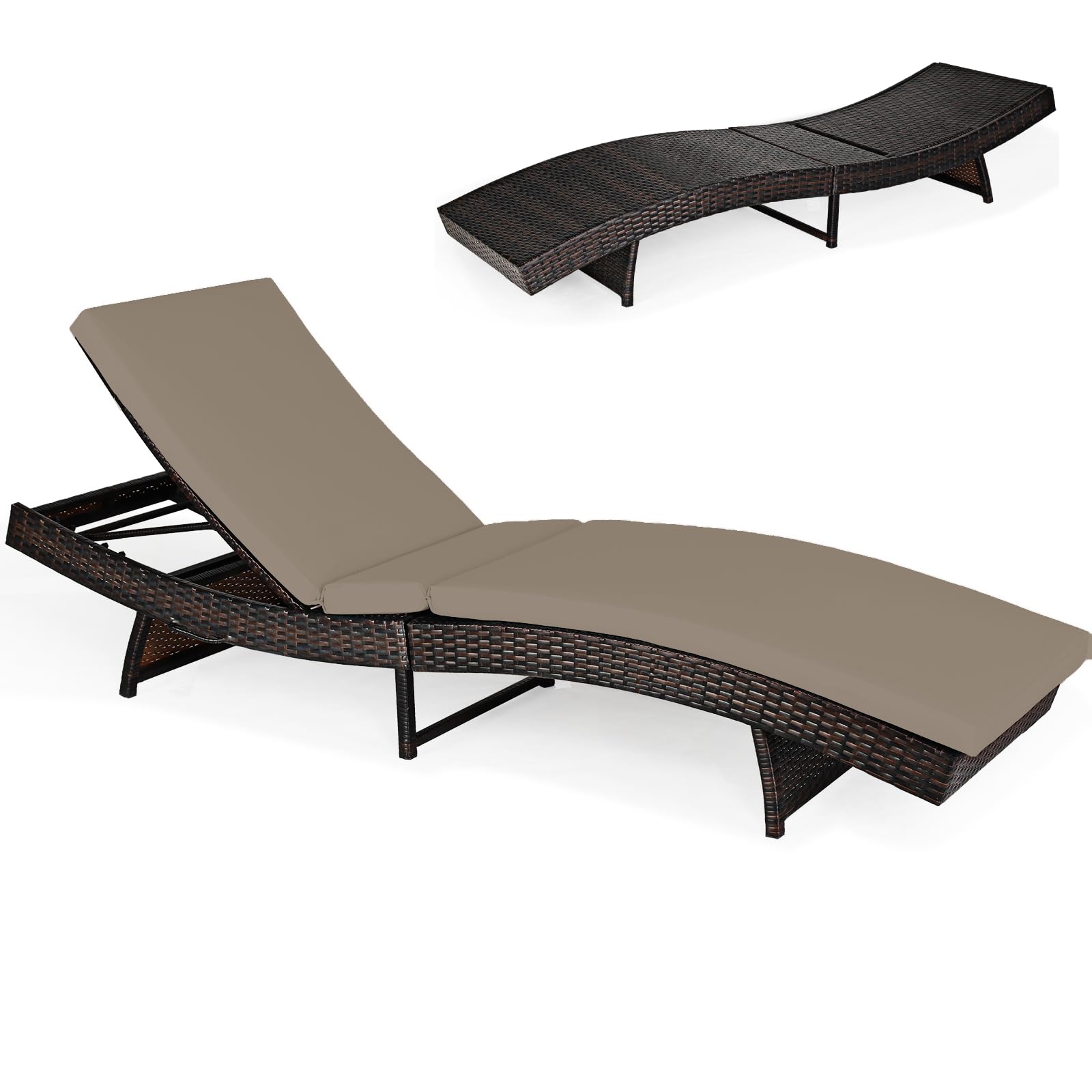 Multigot Rattan Sun Lounger, 5-Level Adjustable Outdoor Leisure Deck Chair with Removable Cushion, Patio Folding Chaise Lounge Chair Ergonomic Wicker Relaxing Daybed for Poolside Backyard (Grey)