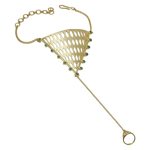 ACCESSHER Matt Gold Finish Emerald Fusion Filigree Haathphool with Ring for Womens