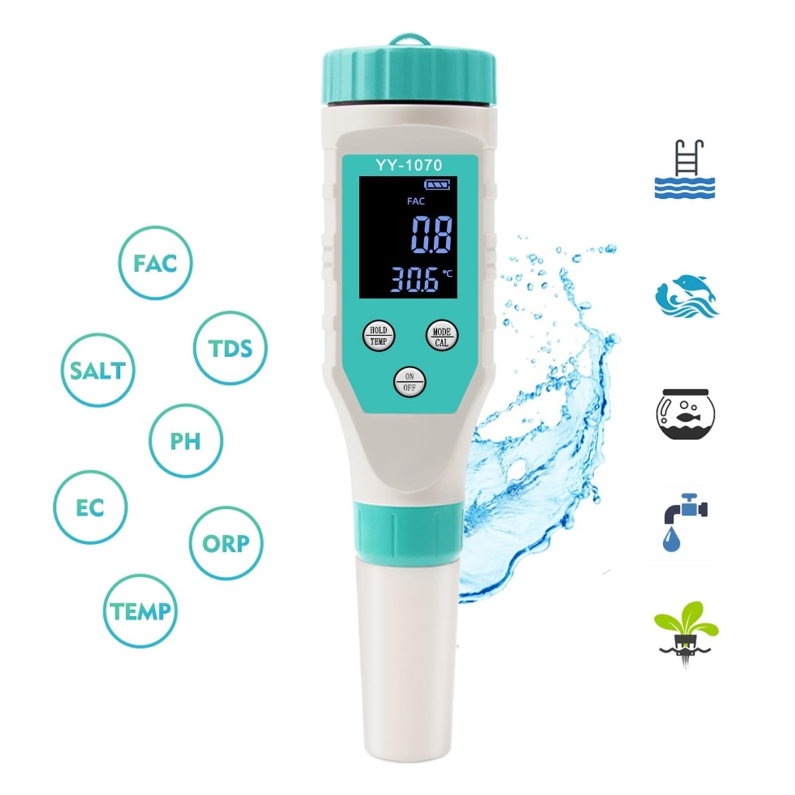 7In1 Piscina Cloro PH Meter Professionale Salt/ORP/TDS/EC/FAC Tester Spa Hot Spring CL Analizzatore di qualità Del'acqua Rilevamento Rapido E Preciso