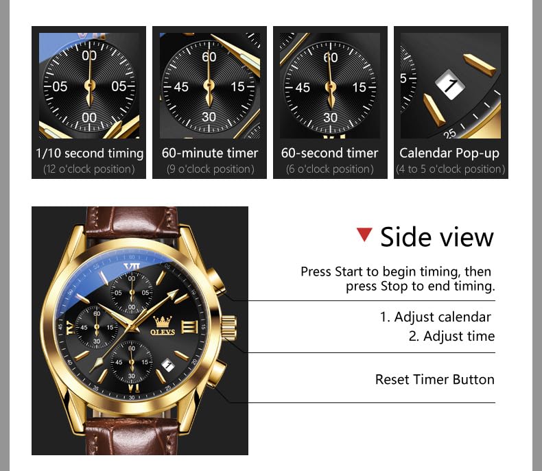 Image of OLEVS Watches for Men Original Analog Quartz Stylish Brown Leather Luxury Business Chronograph Waterproof Date Mens Wrist Watch
