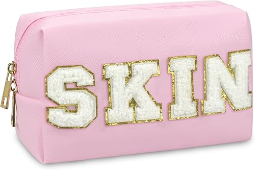 Bolsa de maquillaje de parche de piel sintética, portátil, impermeable, para cosméticos, uso diario, para mujeres y niñas, rosado (Pink Skin),