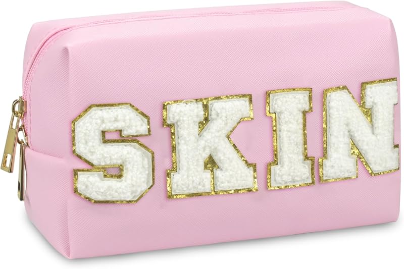 Necessaire de maquiagem Gosuoa retangular Rosa SKIN com zíper