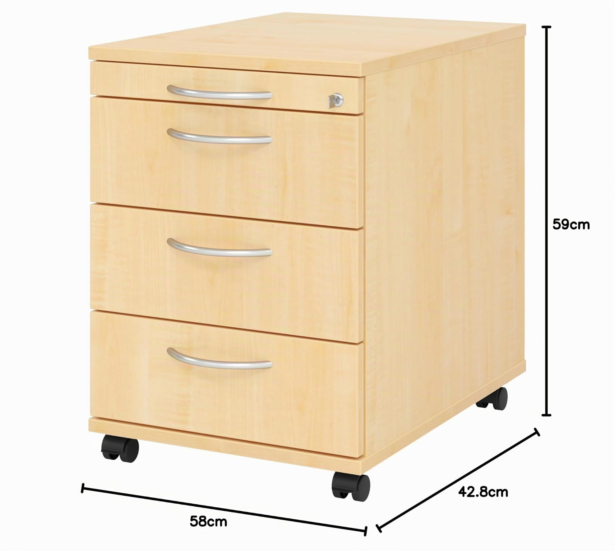 bümö Rollcontainer mit Schubladen, Container abschließbar aus Holz in Ahorn - Rollwagen für's Büro als Schreibtisch Unterschrank, Bürocontainer od. Schreibtischcontainer mit Bogengriffe