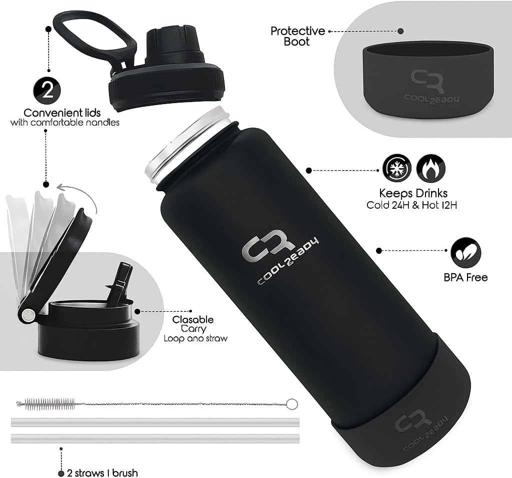 40 oz Gold Insulated Water Bottle – Leak-Proof Wide Mouth Stainless Steel Flask with Straw & Spout Lid + Silicone Boot – Bottle for Gym, Workout, Outdoor Use - Image 3