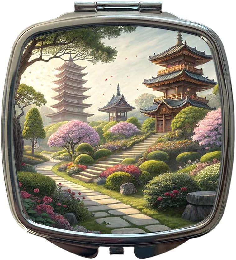 Japanese Garden with Pagodas Small Travel Purse Handbag Pocket Makeup Compact Mirror