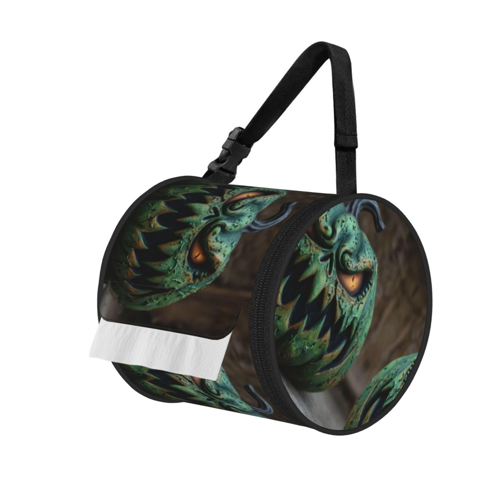 Horror Halloween Pumpkin Printed Cylindrical Tissue Bag Portable Oxford Cloth, Foldable Travel Tissue Holder With Zipper And Adjustable Belt
