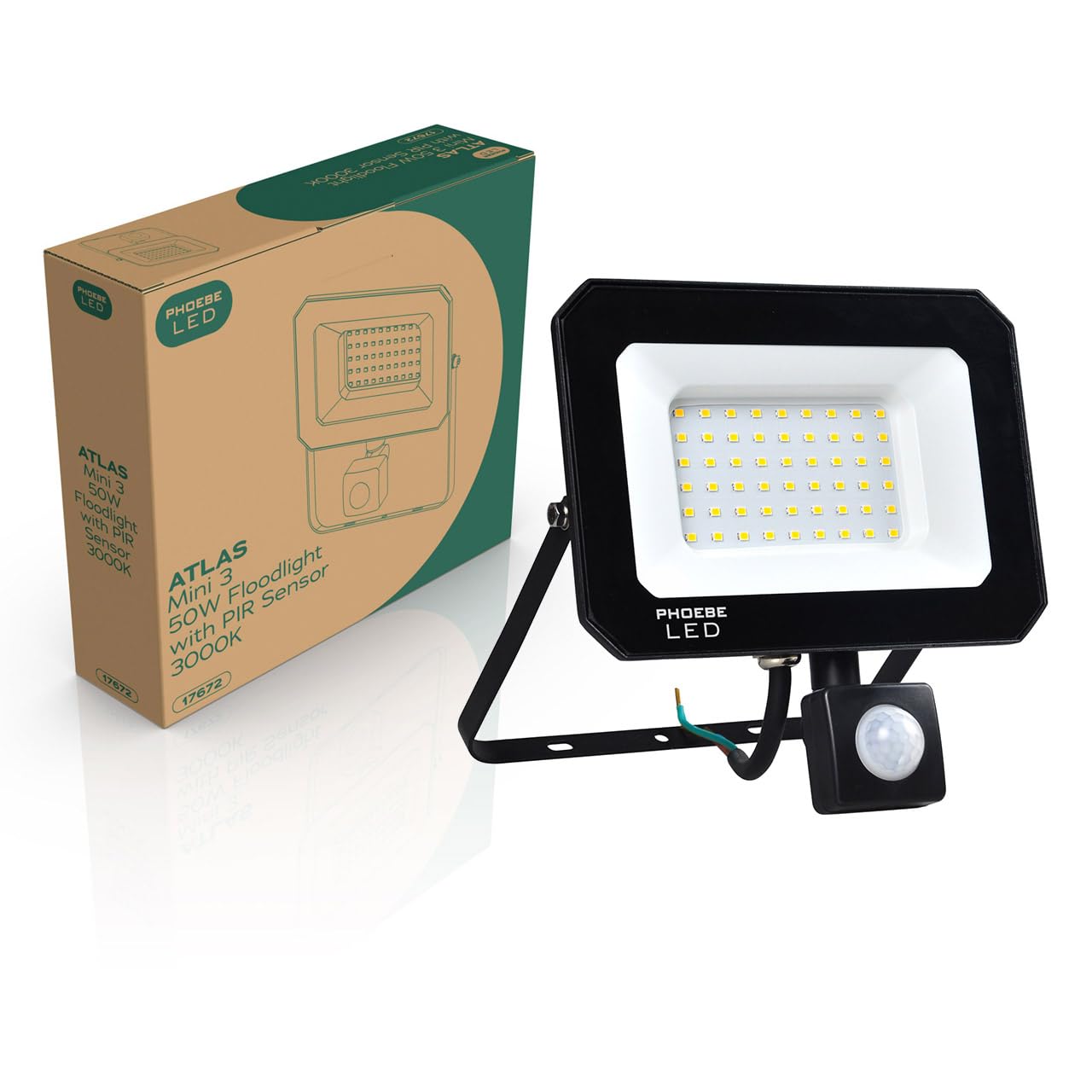 Phoebe Led Black Floodlight 50W Atlas-Mini Pir Sensor Warm White Ip65