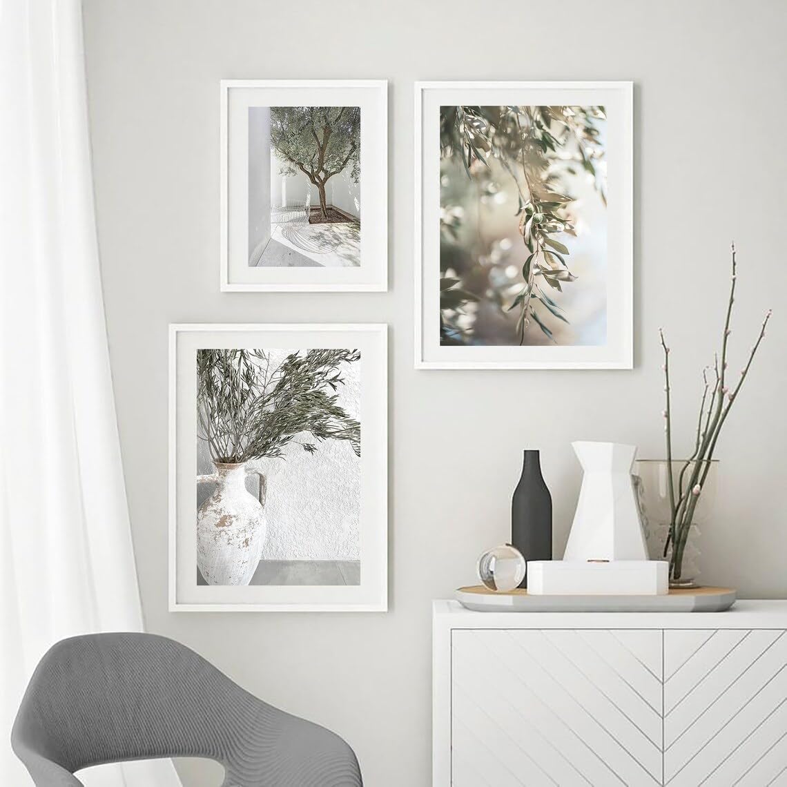 NATVVA Canvas Painting 3 Pieces Prints Black & White San-torini Wall Art Modular Architecture Greece Poster Pictures Artwork for Living Room Home Decor With Wooden Inner Frame