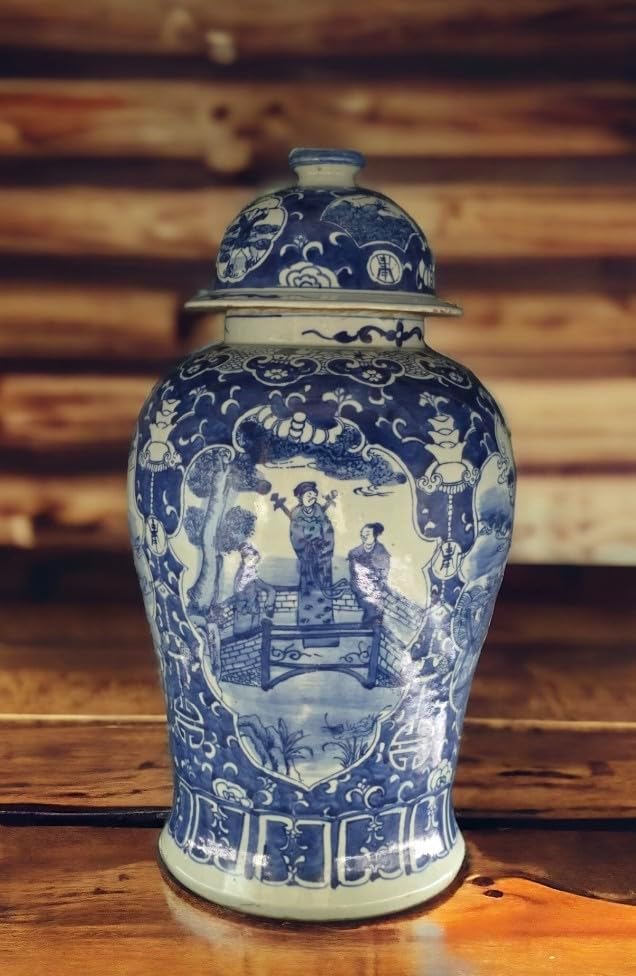 19" Antique Like Finish Blue and White Ginger Jars Porcelain Temple Ceramic Ginger Jar Vase, Antient Warriors China Ming Style, Jingdezhen(L4)