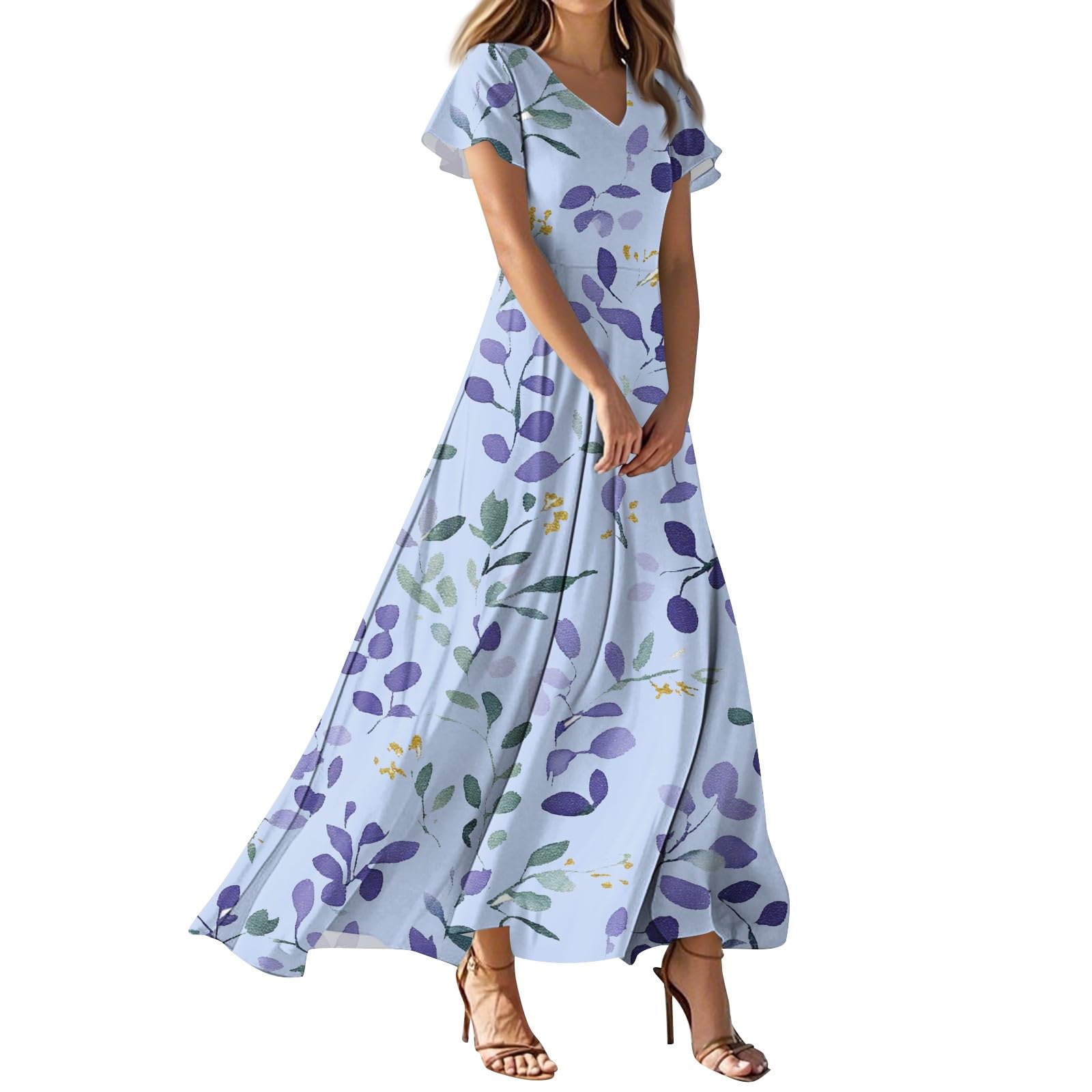 Women's Graduation Floral Dress V Neck Short Sleeve Summer Modest Maxi Sundress
