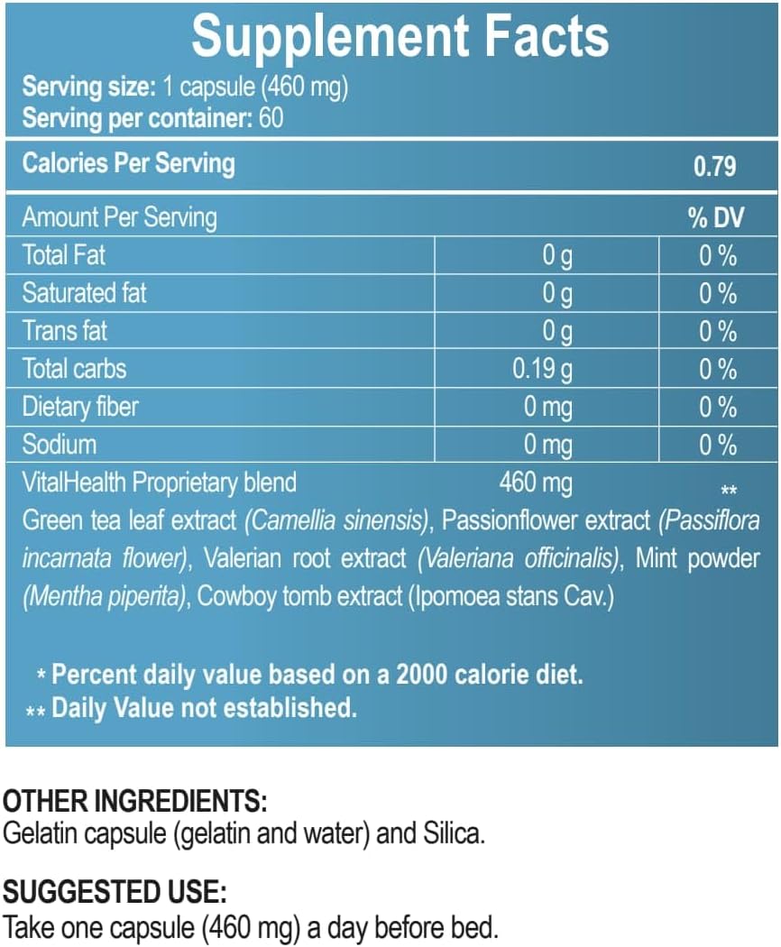 V-ITALAY by VitalHealth - Green Tea, Passionflower and Valerian Extract Supplement, 60 Capsules, 500mg, Non-GMO