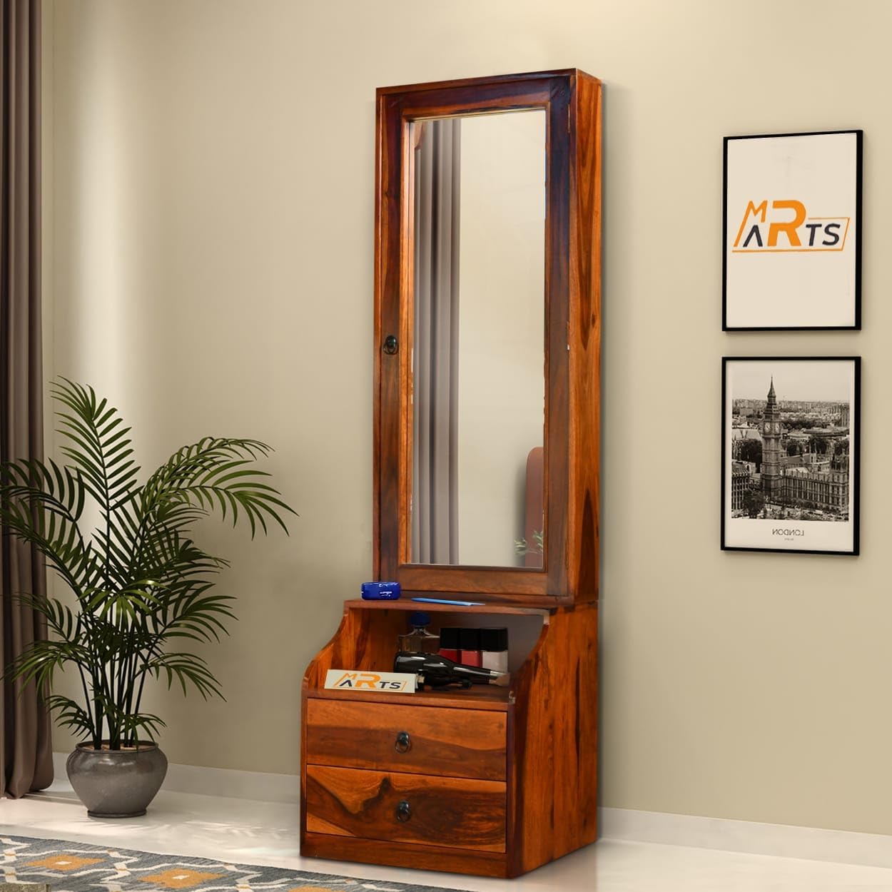 Wooden Garden Sheesham Wood Dressing Table with Mirror & 2 Drawer and 1 Door Storage for Living Room | Home Bedroom Furniture (Natural Finish)-image-42