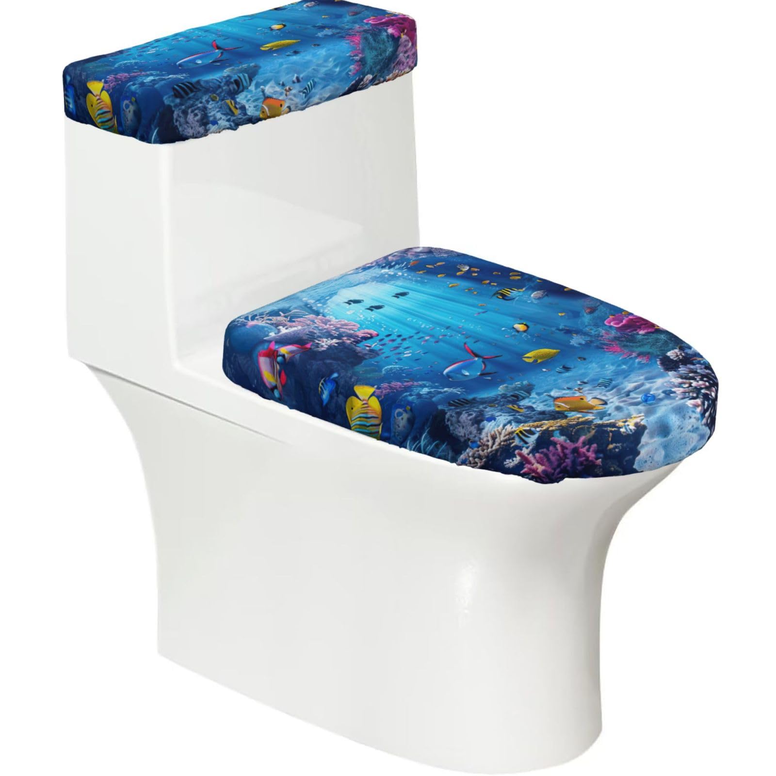 Colorful Ocean Theme Printed Toilet Tank and Lid Cover Set of 2 for Most Bathrooms, Fits Elongated Round Toilets