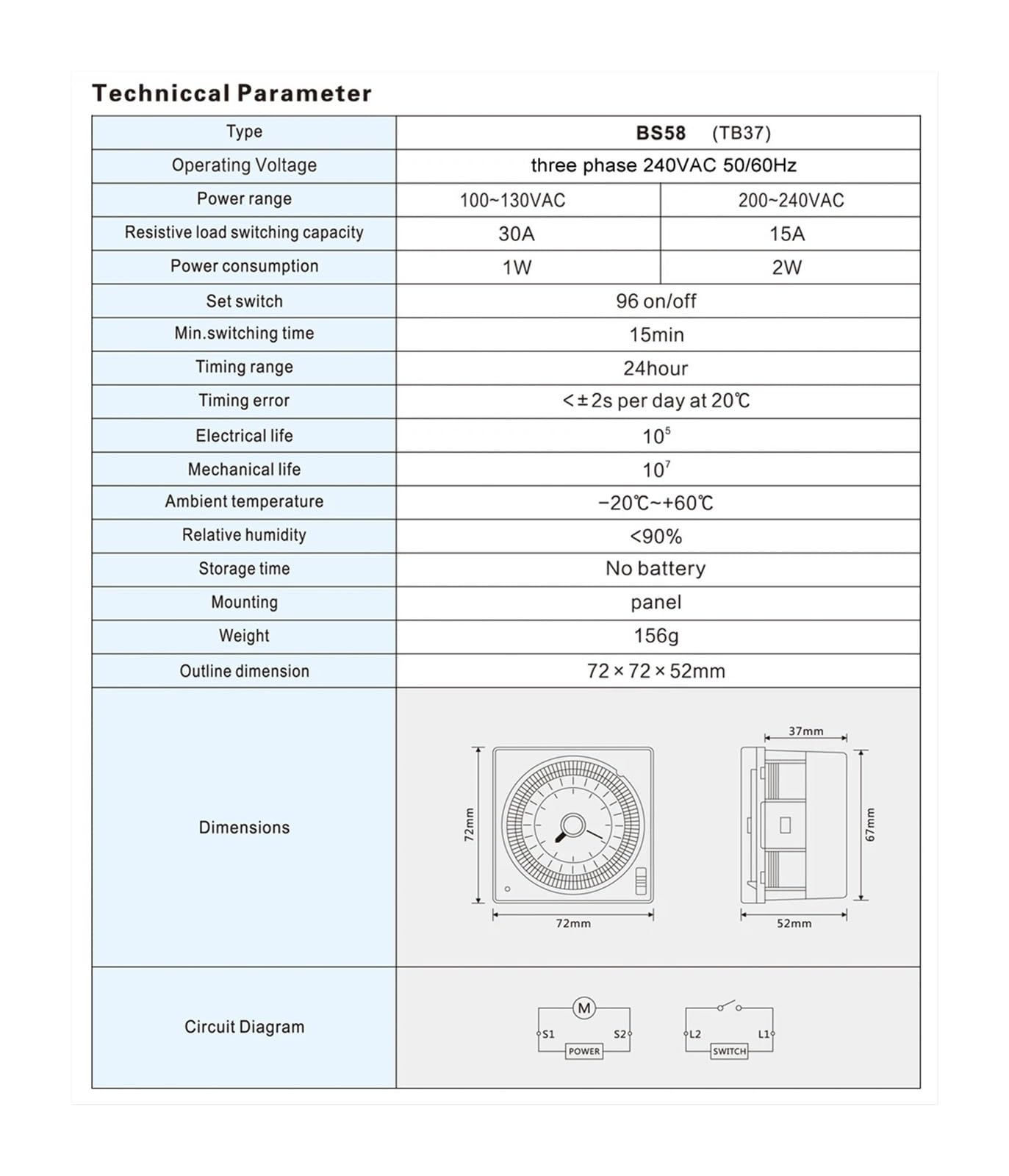 240V 24H Zeitschaltuhr, mechanische Zeitschaltuhr mit 96-maligem EIN-/Ausschalten pro Tag, Mindesteinstelleinheit 15 Min