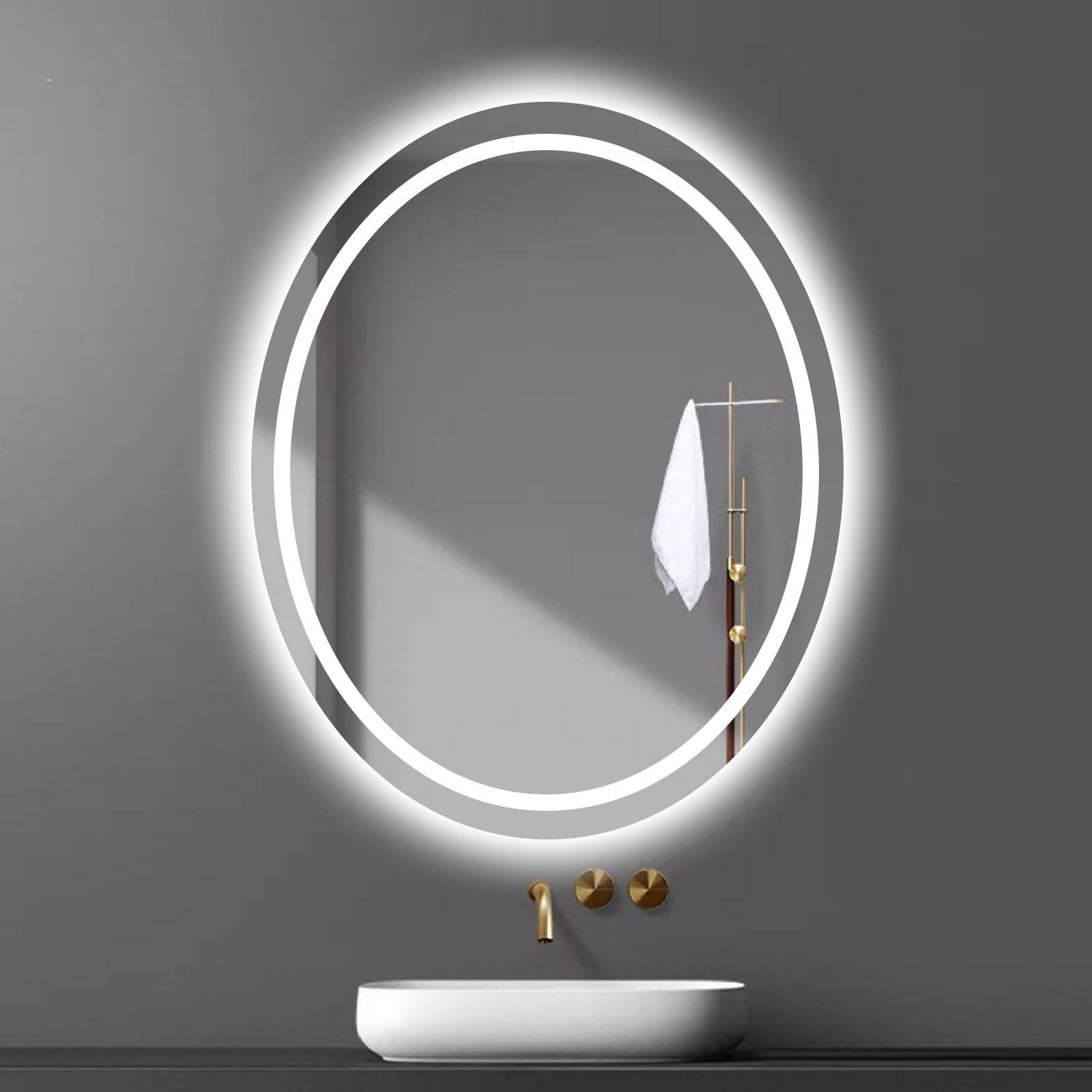 FGXHHS Oval with Lights - Smart LED for Bathroom, Anti-Fog Technology, 3 Adjustable Brightness Levels, Wall Mounted Vanity Mirror, Tempered Glass B 70 * 90cm/27.5 35.4in
