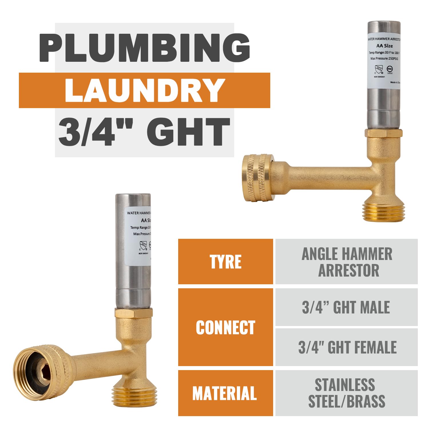 SUNGATOR Water Hammer Arrestor, 3/4 GHT Thread For