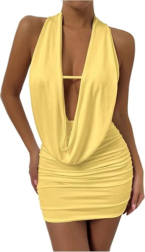 SOLY HUX Women's Sexy Deep V Neck Halter Bodycon Mini Dress Sleeveless Party Clu