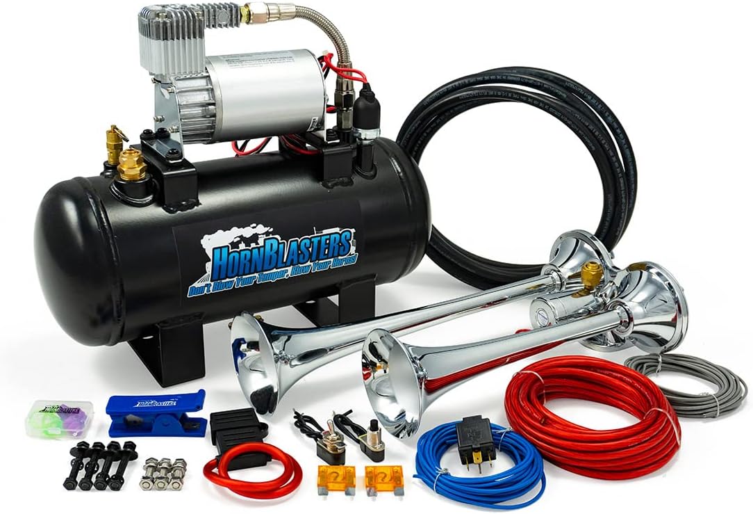 PsychoBlasters 127H 1.5 Gallon All-In-One Air Horn Kit - 2 Chrome Trumpets - Easy Install