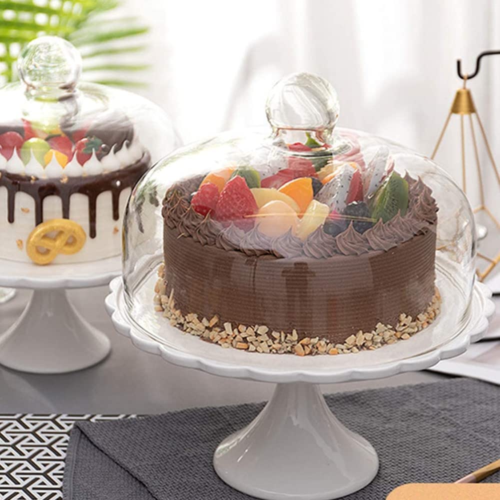 Soporte De Cerámica para Tartas con Cúpula De Vidrio, Tapa Redonda, Plato De Degustación De Camarero, Bandeja De Exhibición De Pan De Postre para Alimentos, Pasteles De Queso-29.2X25.5X25.5CM