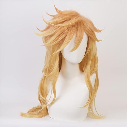 Miniatura 2 de AwwwCos Anime Twelve Kizuki Douma - Peluca de cosplay con gorra de pelo largo rizado amarillo esponjoso para disfraces de fiesta de Halloween