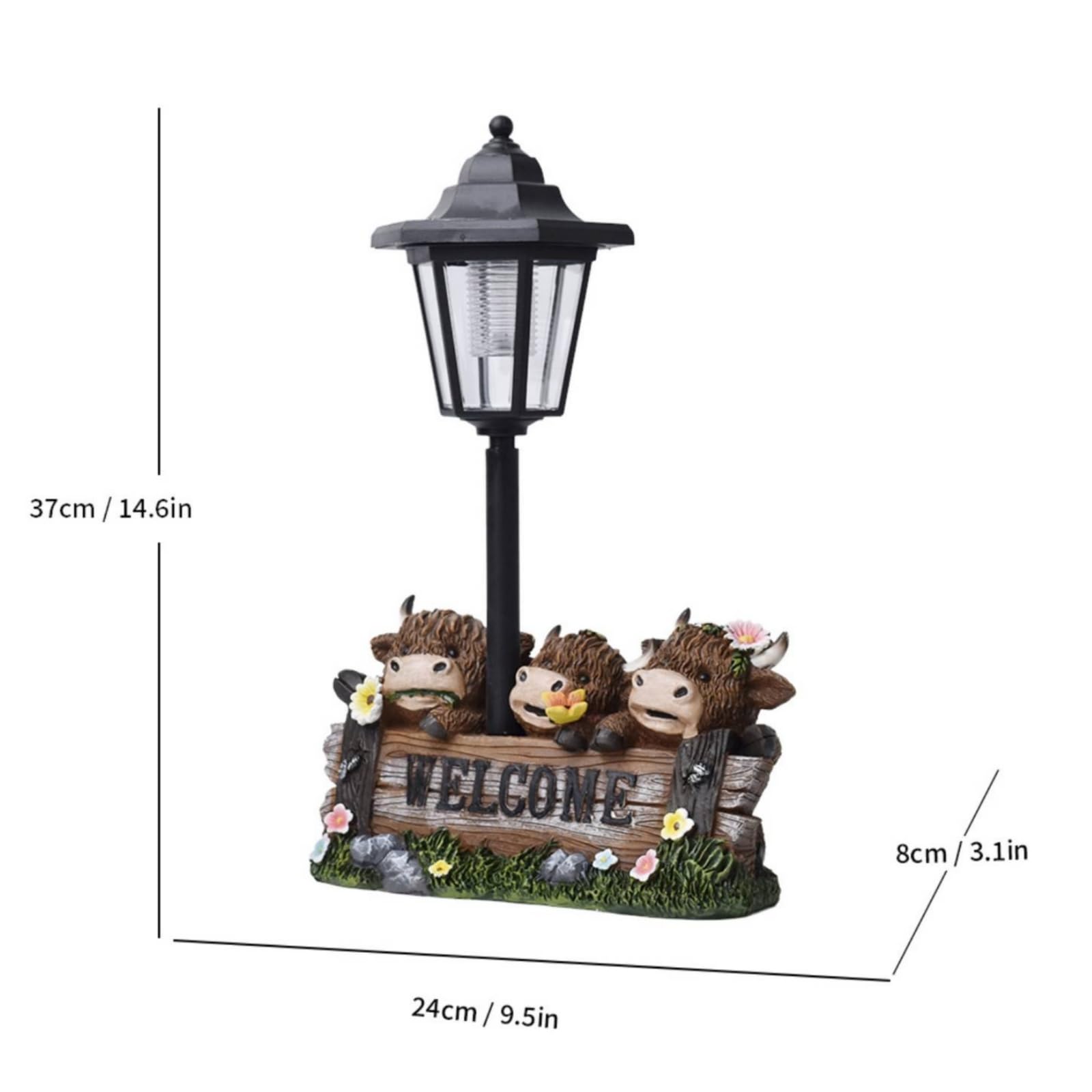 Qianly Estatua Jardín con Farola Solar Rústica Figura Bóvido con Luz sin Conexión Eléctrica Cables Estatua Luz LED para Patio