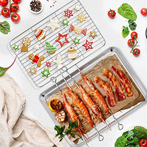 Teamfar Baking Pan With Rack, 16 X 12 In Stainless Steel Baking Tray Cookie Sheet With Cooling Rack And Kabob Skewers, Non Toxic & Healthy, Easy Clean & Dishwasher Safe, (1 Pan + 1 Rack + 4 Skewers) #TOP6