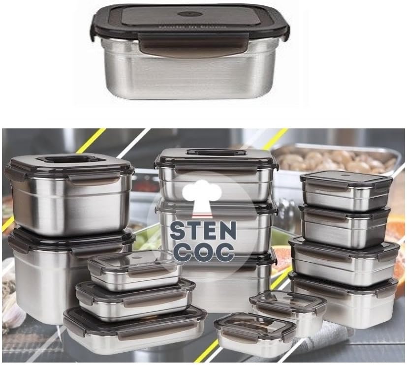 STENCOC Stainless Steel BPA Free Rectangular Leakproof Airtight Kimchi/Pickle/Salad/Fruit/Food Storage Container Saver (1.7L / 57.5oz / 8.3") Half-Transparent Lid Stackable