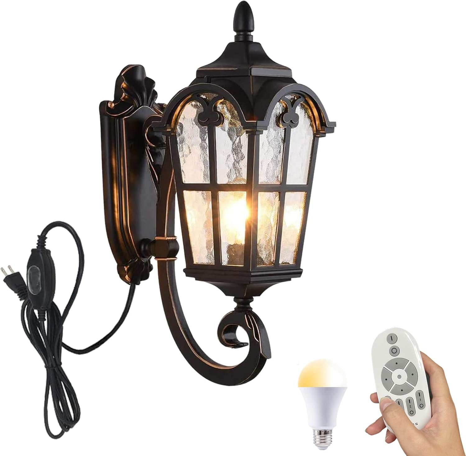 Kiven Plug in Wall Lamp, Waterproof Wall Sconce with Glass Lampshade, 5.9ft Plug-in Cord, Remote Control (Dimmable,3 Colors Mode) 1-Light Vintage Style Wall Lights Fixtures for Hallway, Porch