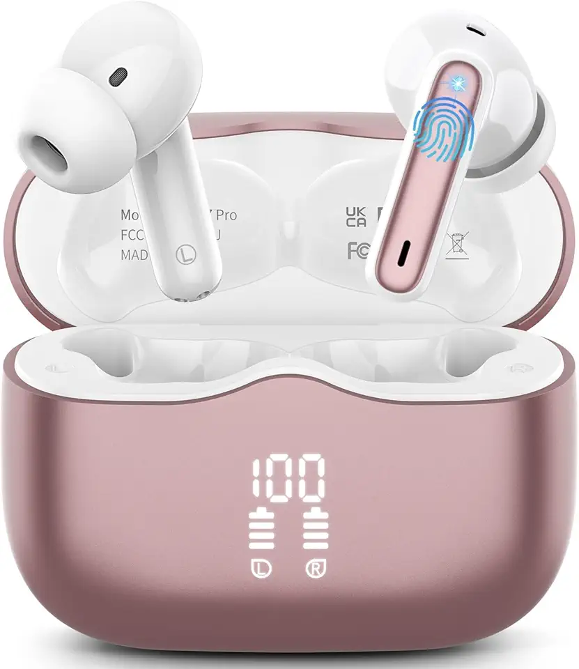 Wireless Earbuds, Bluetooth Ear Buds 5.4 Mini HiFi Stereo with 4 ENC Noise Cancelling Mics Wireless Headphones, in Ear Earphones 40H IP7 Waterproof, USB C, Bluetooth Earbuds for Sports, Gym, Rose