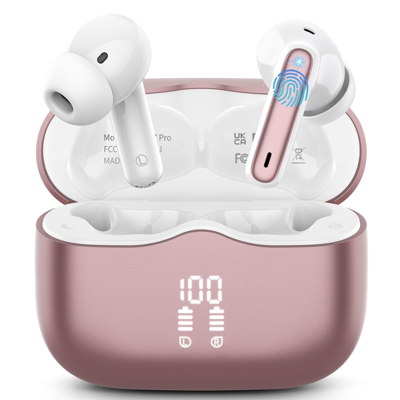 Wireless Earbuds, Bluetooth 5.4 Headphones in Ear with 4 ENC Noise Cancelling Mic, New Wireless Earphones HiFi Stereo Deep Bass 40H Playtime, In-Ear Bluetooth Earbuds LED Display IP7, USB-C, Rose Gold