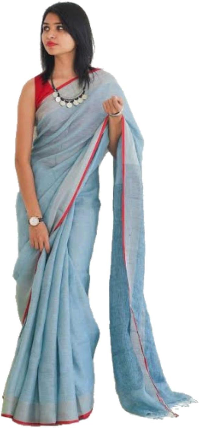 India Meets IndiaEthnic Indian Women's Bhagalpuri Handloom Cotton Linen Saree with Contrast Blouse