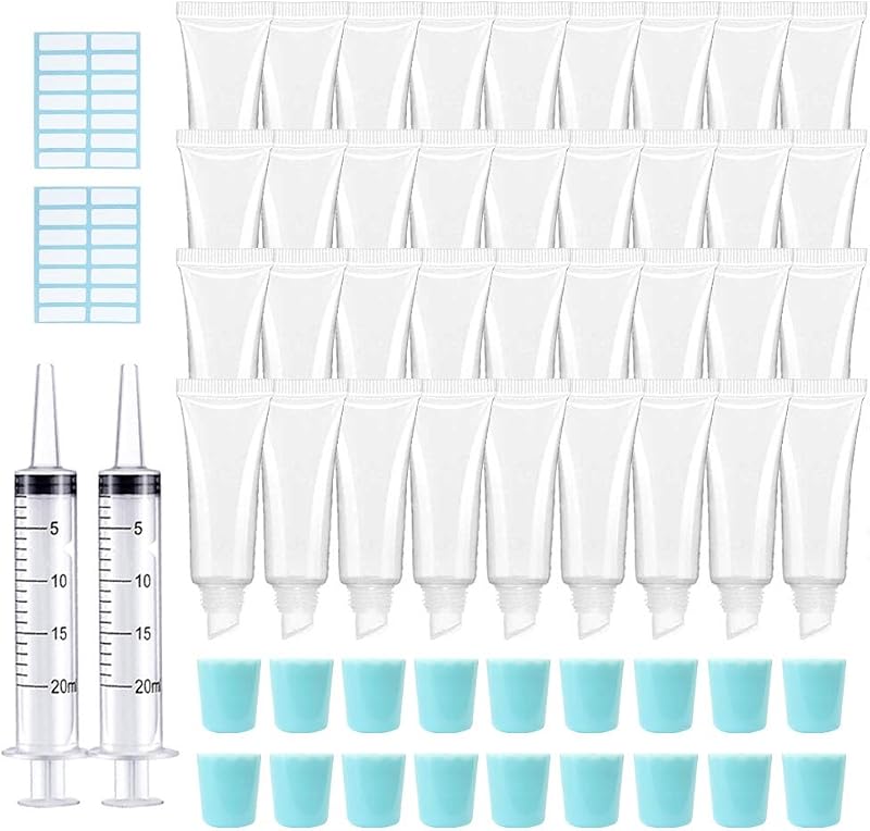 AMORIX 50 Tubos Vazios de 10 mL para Brilho Labial com Tampa Azul e Seringas