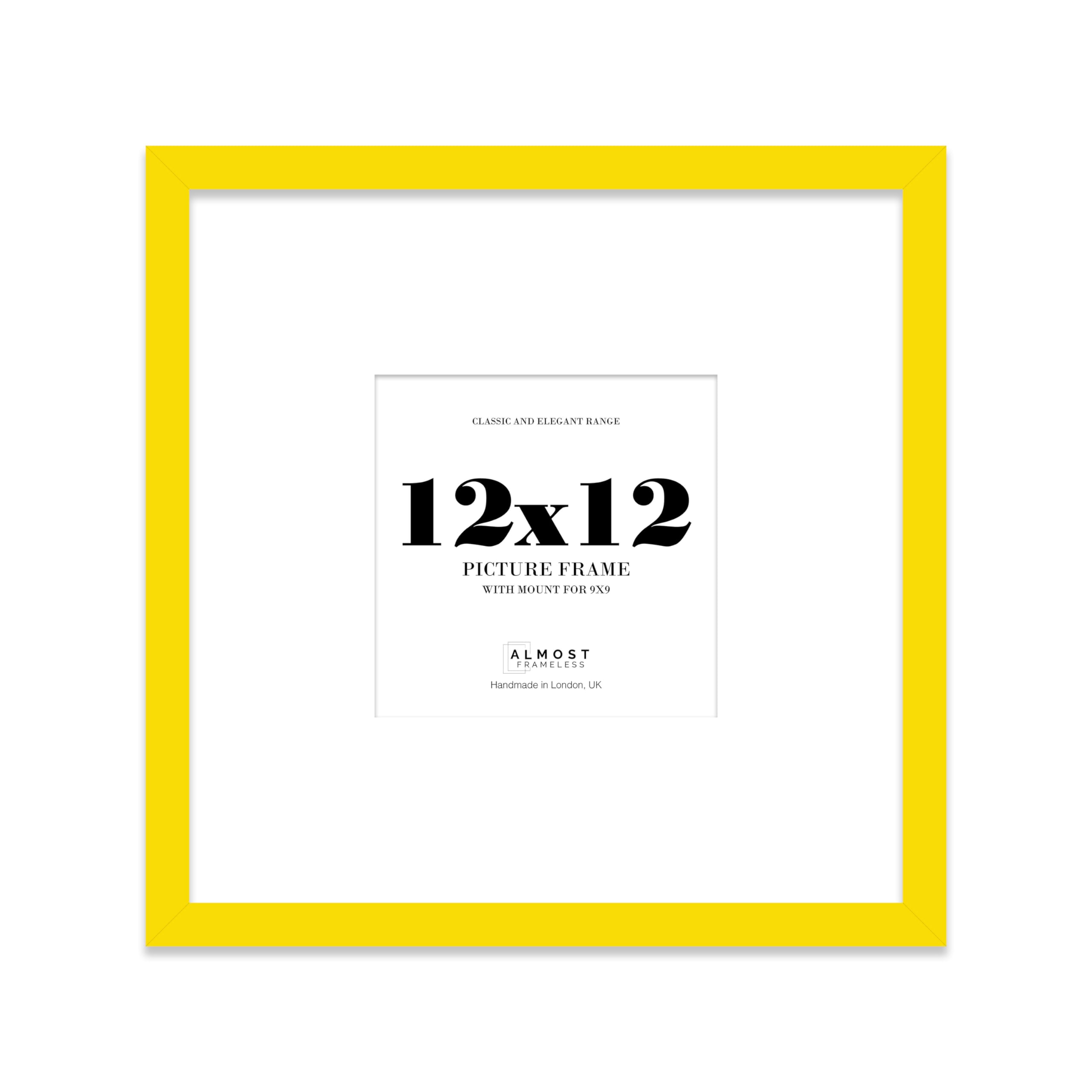 Almost Frameless 12x12 Square Picture Frame, Display Pictures 9x9 With Mat or 12x12 Without Mat, Wall Hanging & Free Standing Photo Frame, Yellow, 1 Pack
