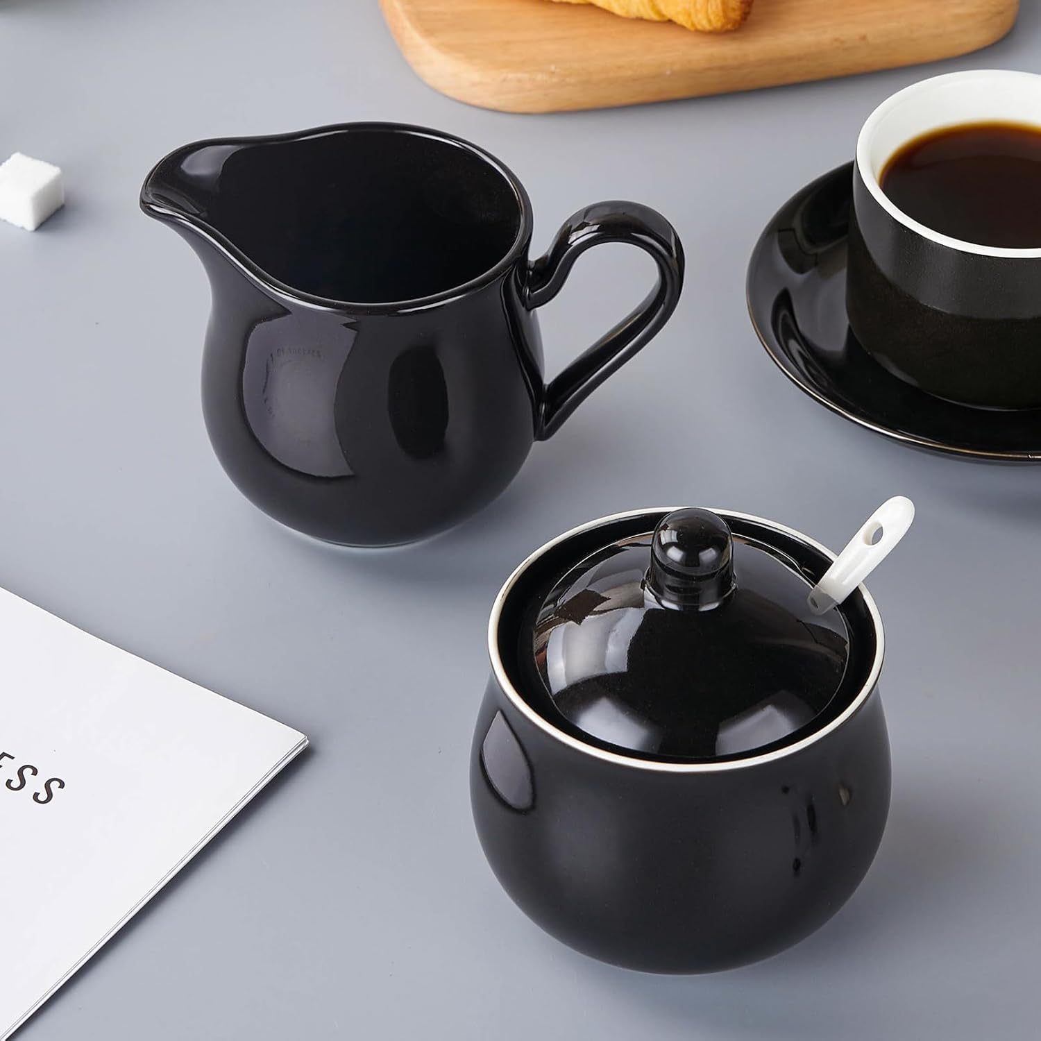12 OZ Ceramic Sugar and Creamer Set, Coffee Serving Set, 3 Piece Cream Pitcher Sugar Bowl with Lid and Spoon (Black)