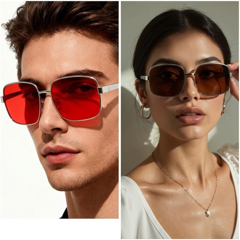 2 Pairs Red and Black Lens Sunglasses for Men Women Retro Square Metal Frame Tinted HD Lenses Vintage Eyewear for 90s Movie Cosplay and Halloween Costume (Red&Brown)