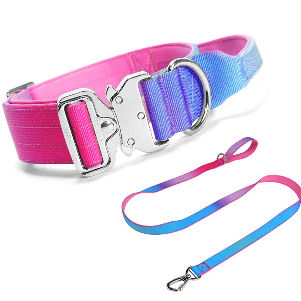 Olcyren Tactical Dog Collar and Leash Set, Adjustable Nylon Dog Collar with Handle and Heavy Duty Metal Buckle, Wide Thick Pet Collars for Medium Large Dogs Training (Pink Blue Purple Gradient, M)
