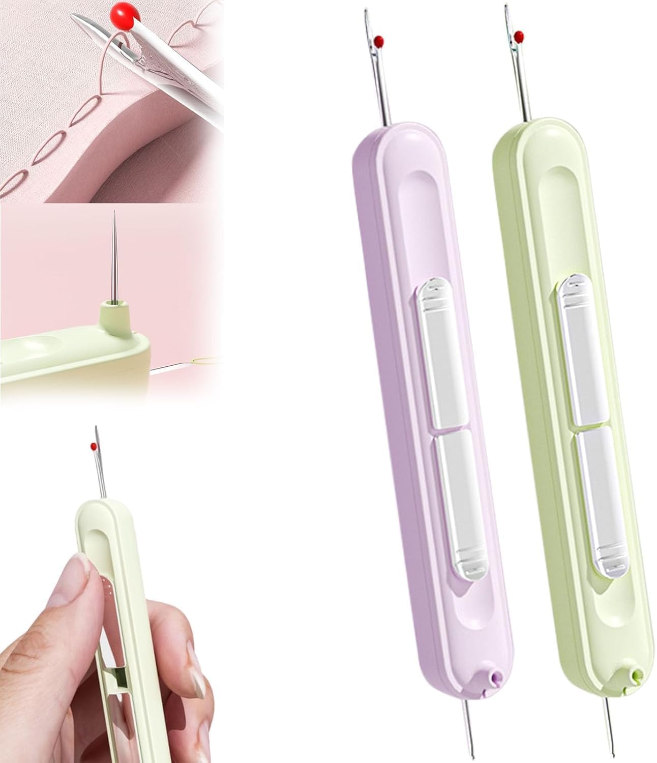 2 in 1 Needle Threader Seam Ripper, Stretchable Seam Rippers for Sewing, Thread Remover Tool for Hand Sewing, Knitting, Cross Stitch, Embroidery and Thread Removal，Purple+Green