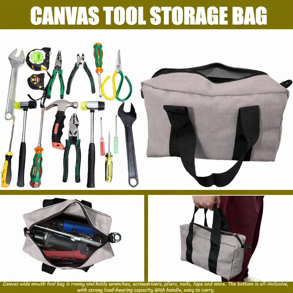 BLIRITEL Wide Mouth Tool Bag, Heavy Duty Canvas Tool Storage Bag, Large Capacity Handbag, Multi-function Tool Organizer Tote Bag for Storage Wrenches Pliers (Gray, 14 Inch) image 5
