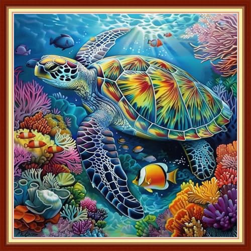 Image of Joyhoor Stamped Cross Stitch Kits for Beginners, Needlepoint Kits for Adults, 11CT Counted Embroidery Kits-Turtle Coral 18x18 inchs