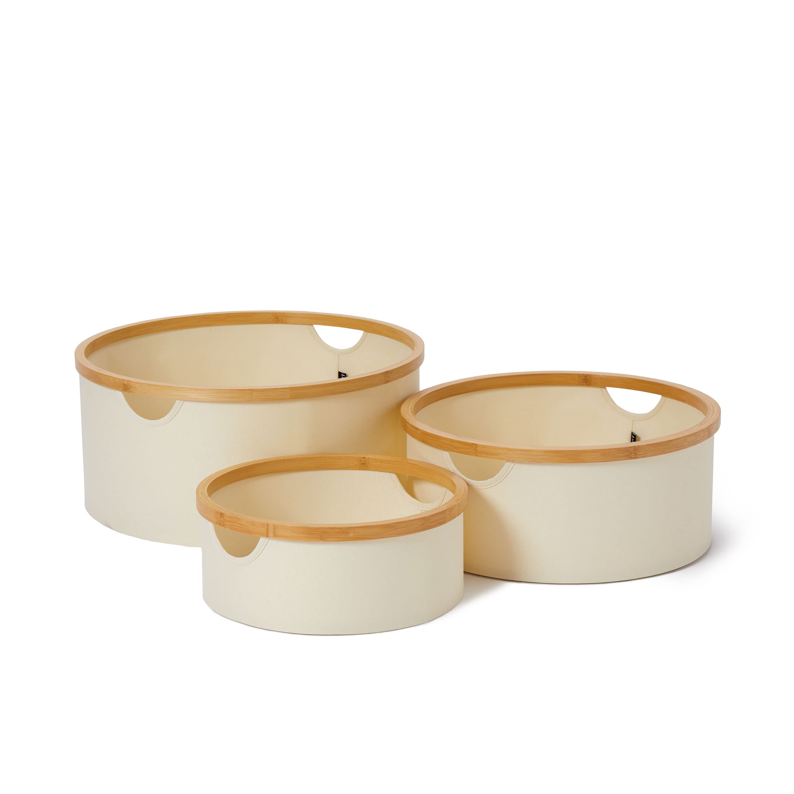 Lumaland Bambus-Rahmen Aufbewahrungsbox 3er Set rund | Boxen in den Maßen ø 45 x 20 cm, ø 38 x 16 cm und ø 30 x 12 cm [Beige]
