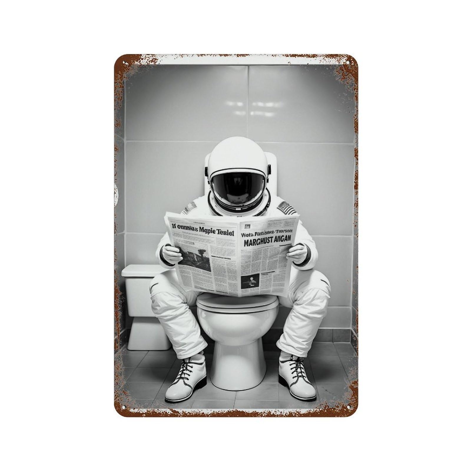 xiaoxiaoshen Astronaut Reading Newspaper on Toilet Poster Wall Decor Art Metal Tin Poster Modern Home Decor Art Home Bar Shop Decorations Vintage Sign 30x20cm