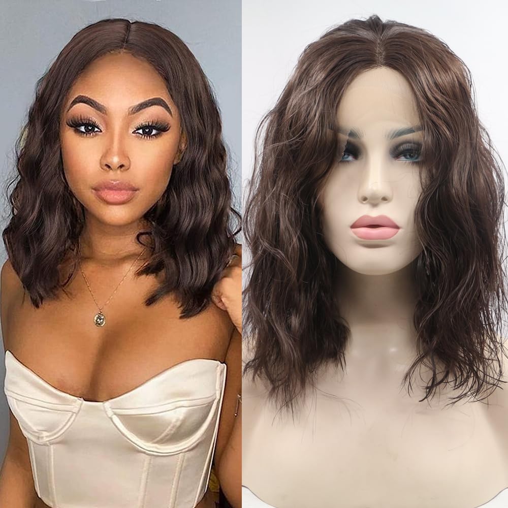 Xiweiya 14" Dark Brown Wavy Wig Synthetic Lace Front Wigs Middle Part Brunette Hair Short Soft Curly Wig Hair Replacement Wig for Women Drag Queen Makeup