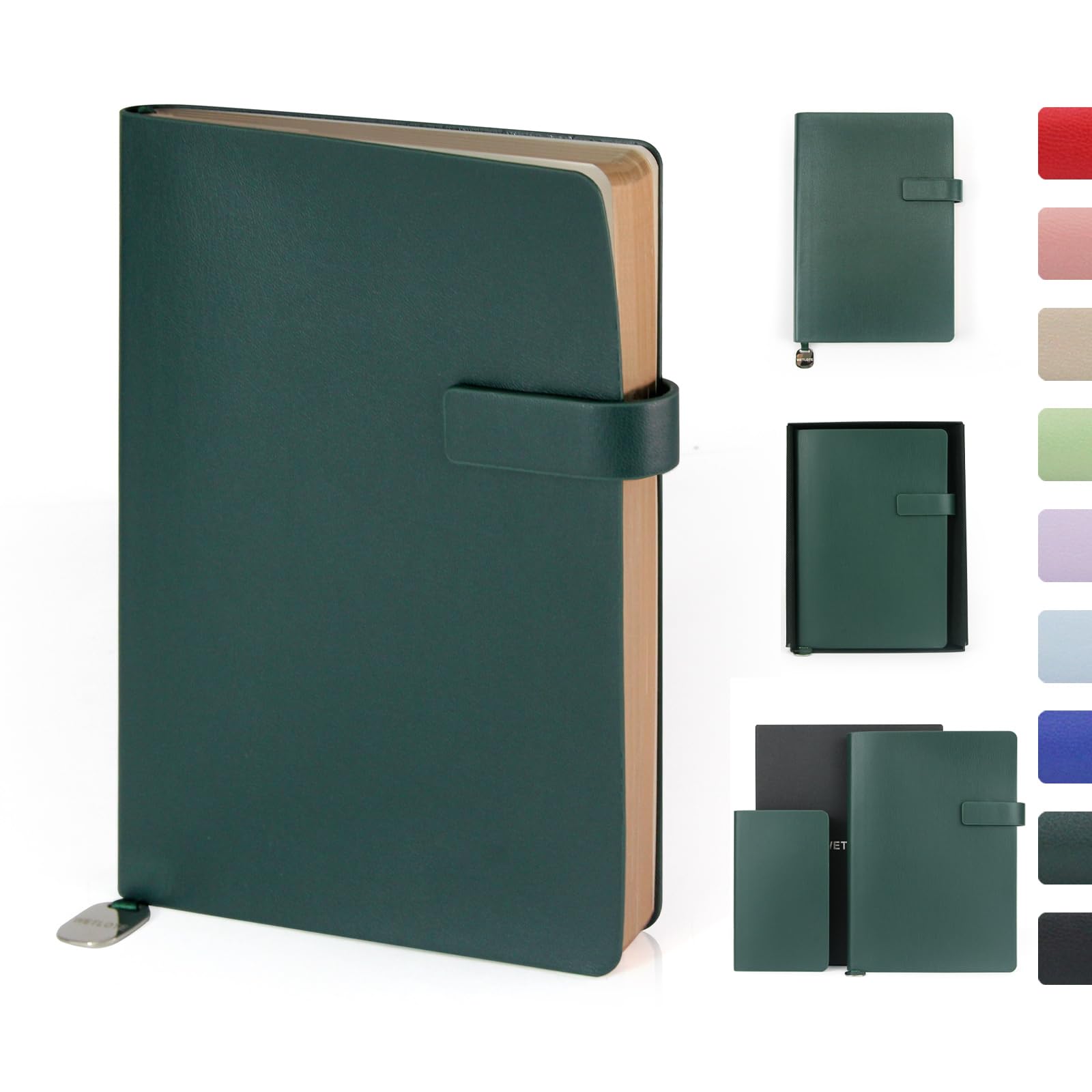 WETLOTE A5 Notebook, Softcover Journal, 212 Pages, Lined Paper with Closure, Ribbon Bookmark & Inner Pocket, for School, Office & Travel, 14 x 21 cm Dark Green