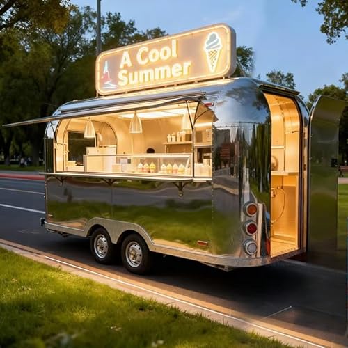 Fully Equipped Fast Food Trailer, Mobile Kitchen Food Truck, Industries Hot Dog Concession Cart, Ideal for Hot Dog Ice Cream Coffee Pizza in Outdoor Public Areas