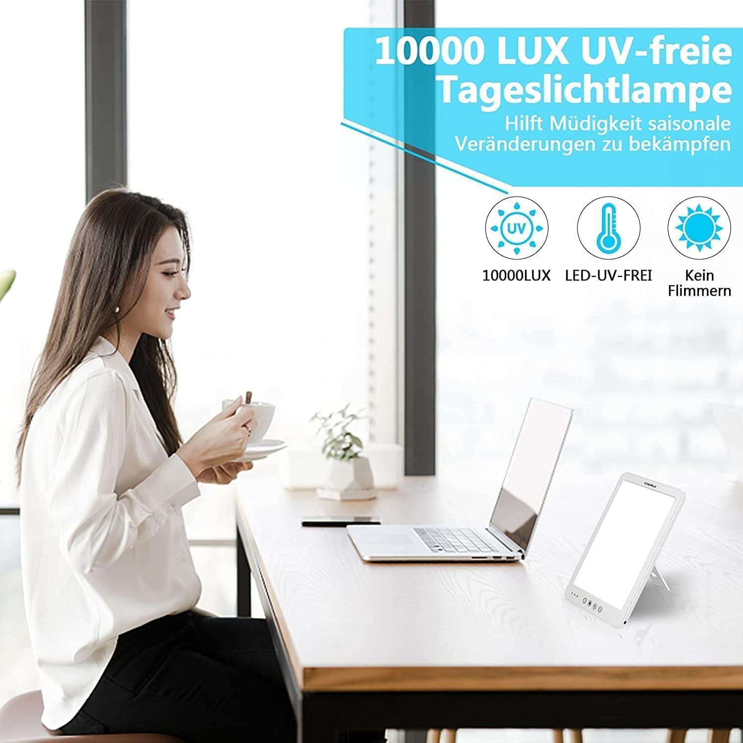 Lámpara de fototerapia sin UV de 10000 lux con brillo ajustable Lámpara a con 3 temperaturas de color y 3 temporizadores