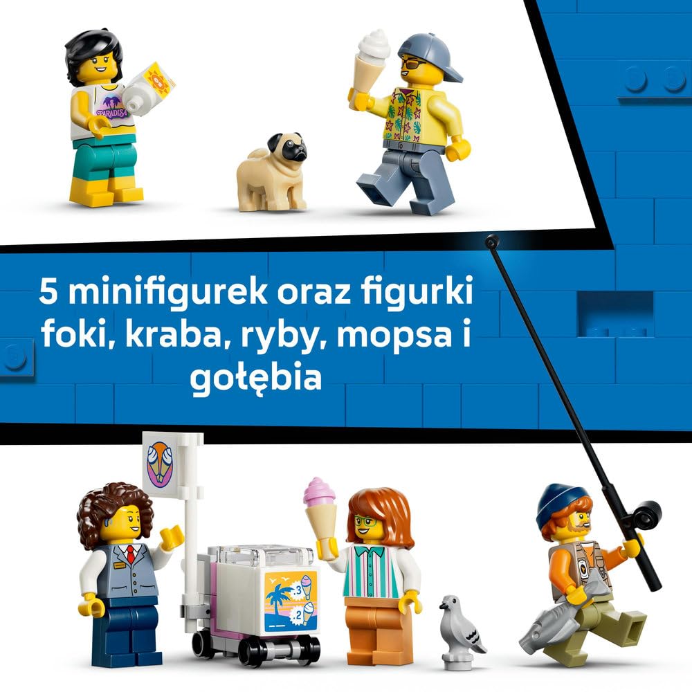 LEGO City Tramwaj przy plaży, zabawka konstrukcyjna, pociąg dla dzieci, 5 minifigurek i figurki zwierząt, prezent dla chłopca lub dziewczynki w wieku od 7 lat 60506